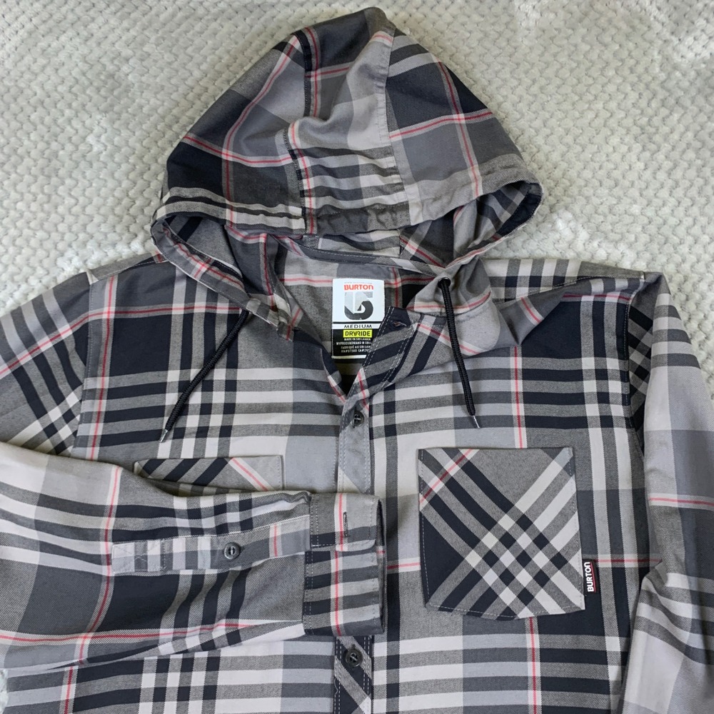 Burton Shirt Jacket Mens M Gray Black Plaid Hooded DRYRIDE Snowboard Flannel